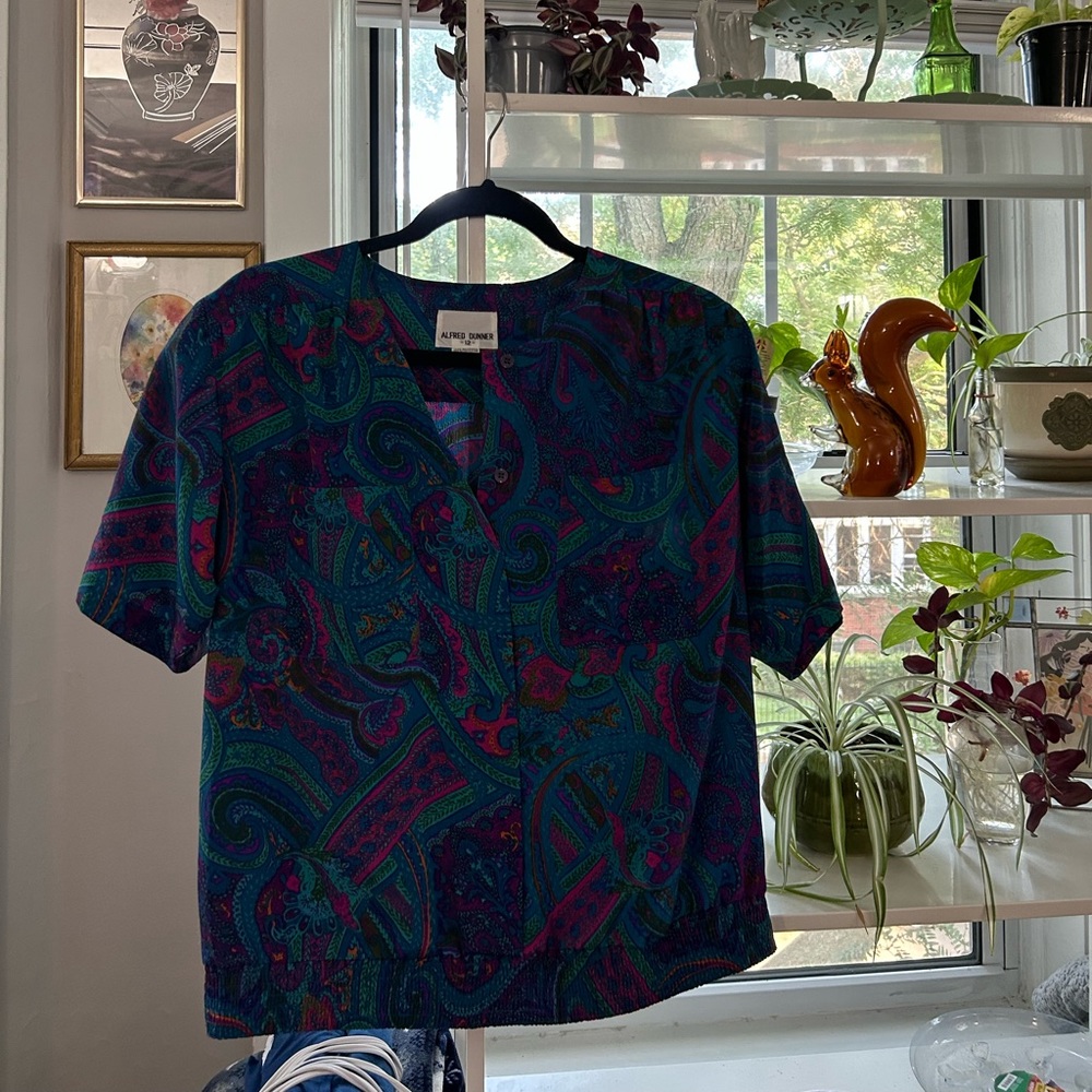 Vintage 80’s Alfred Dunner funky short sleeve paisley blouse - blue/purple/green